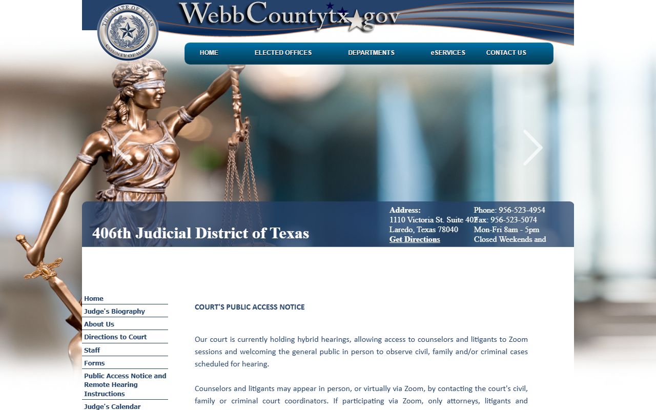 Webb County court dockets and remote hearing rules on the 406th District Court notice