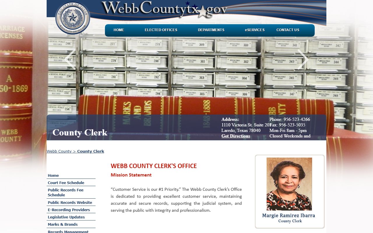 Webb County Clerk office page with address and services