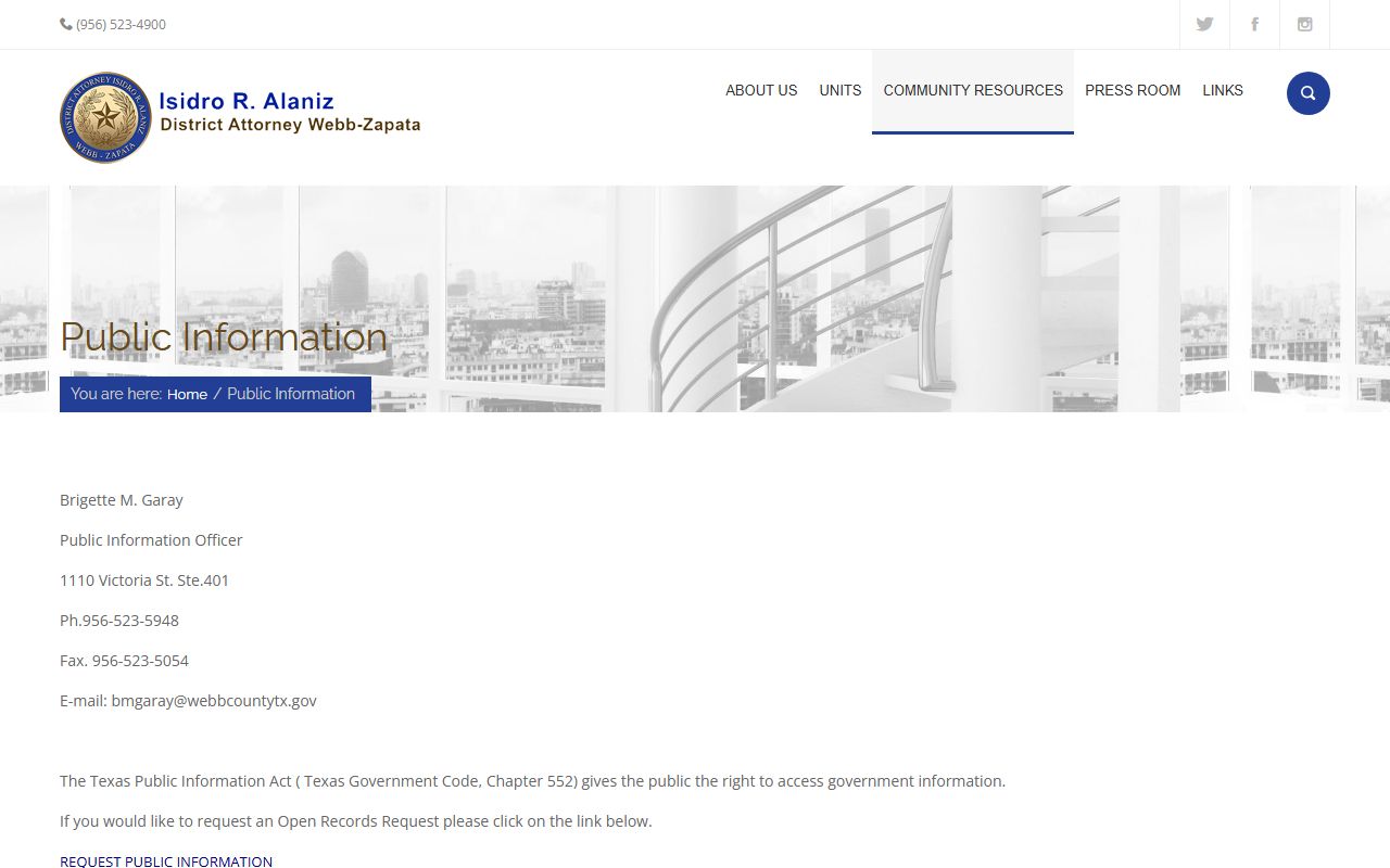 District attorney public information page for Webb County arrest records requests
