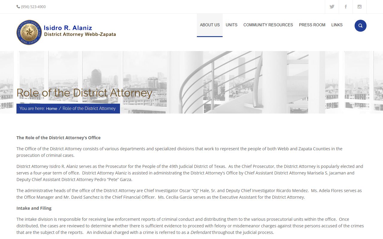 District attorney role page tied to Webb County arrest records