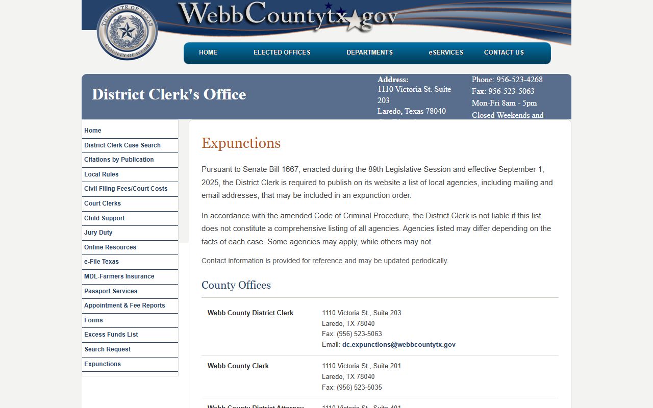 Webb County District Clerk expunctions page under Senate Bill 1667