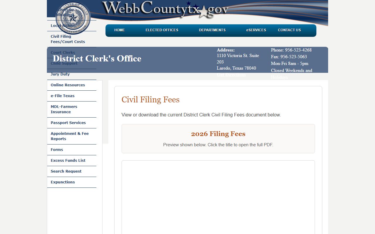 Webb County District Clerk filing fees document