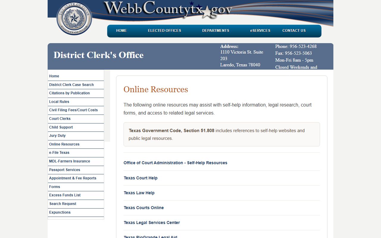 Webb County District Clerk online resources for self-help and forms