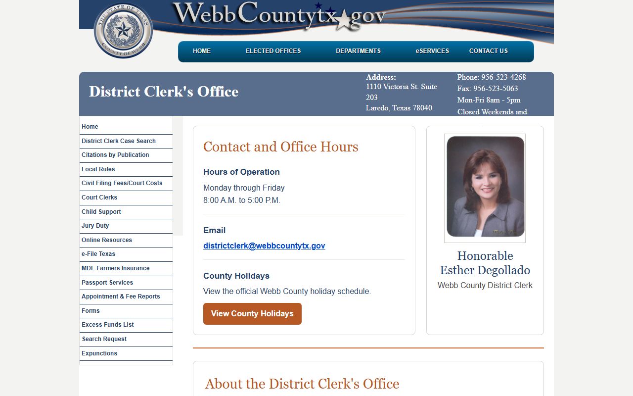 Webb County District Clerk office page with address and duties