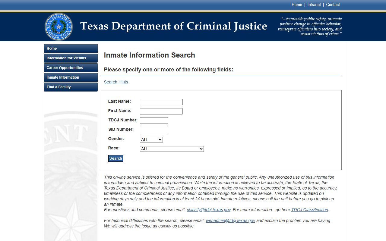 TDCJ offender search for Webb County released inmates in state custody