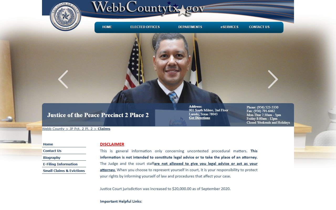 Webb County JP 2-2 claims page with self-help links