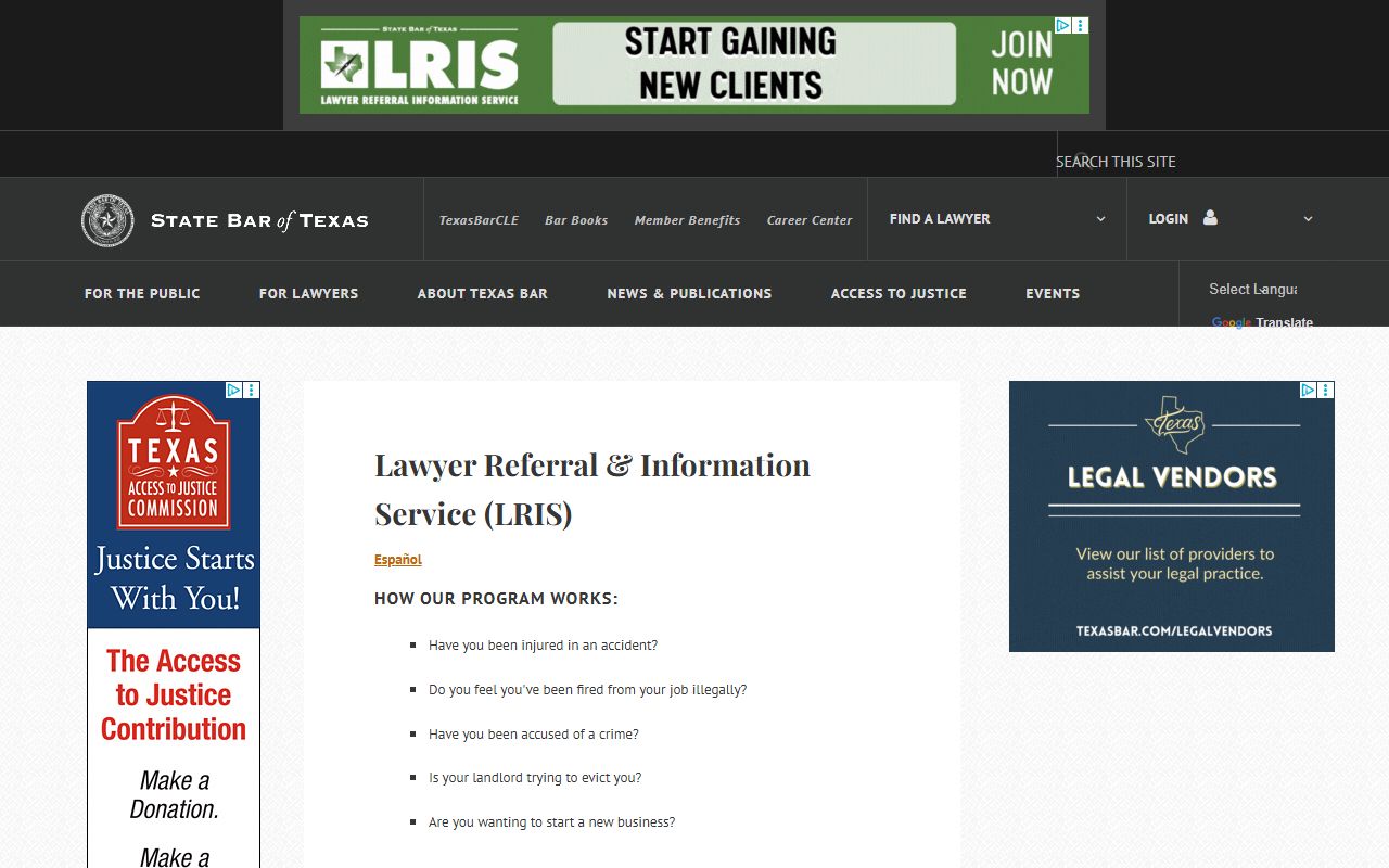 State Bar of Texas Lawyer Referral linked from Webb County court FAQ