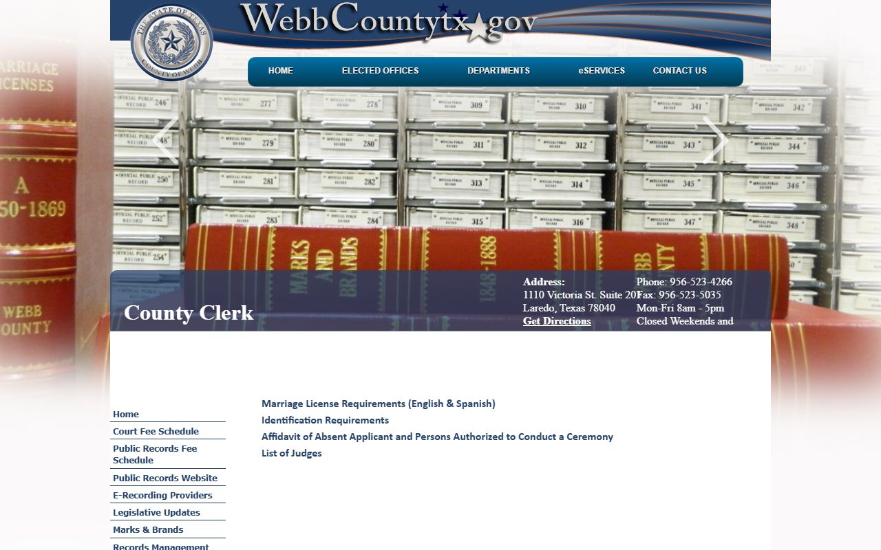 Webb County marriage license requirements for marriage and divorce records