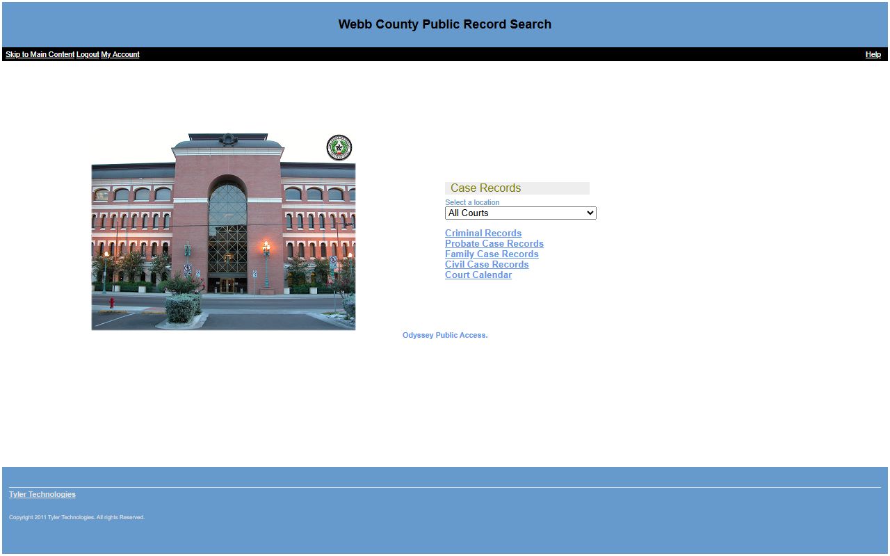 Webb County court records search fields on the Odyssey case search page